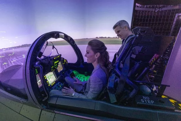 The Princess of Wales having a go at a Typhoon flight simulator